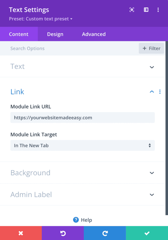 Picture of settings modal with link target