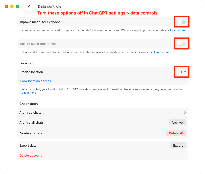 AI Privacy instellingen die je echt wilt checken (of juist ont-checken) AI privacy settings - ChatGPT data Controls
