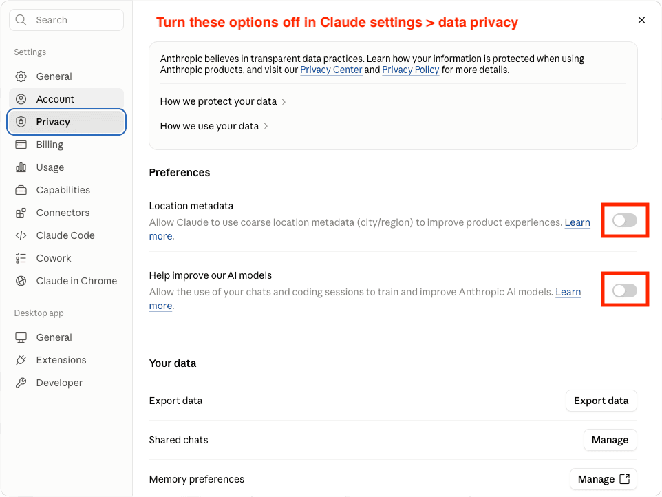 AI Privacy instellingen die je echt wilt checken (of juist ont-checken) AI privacy settings - Claude data Controls