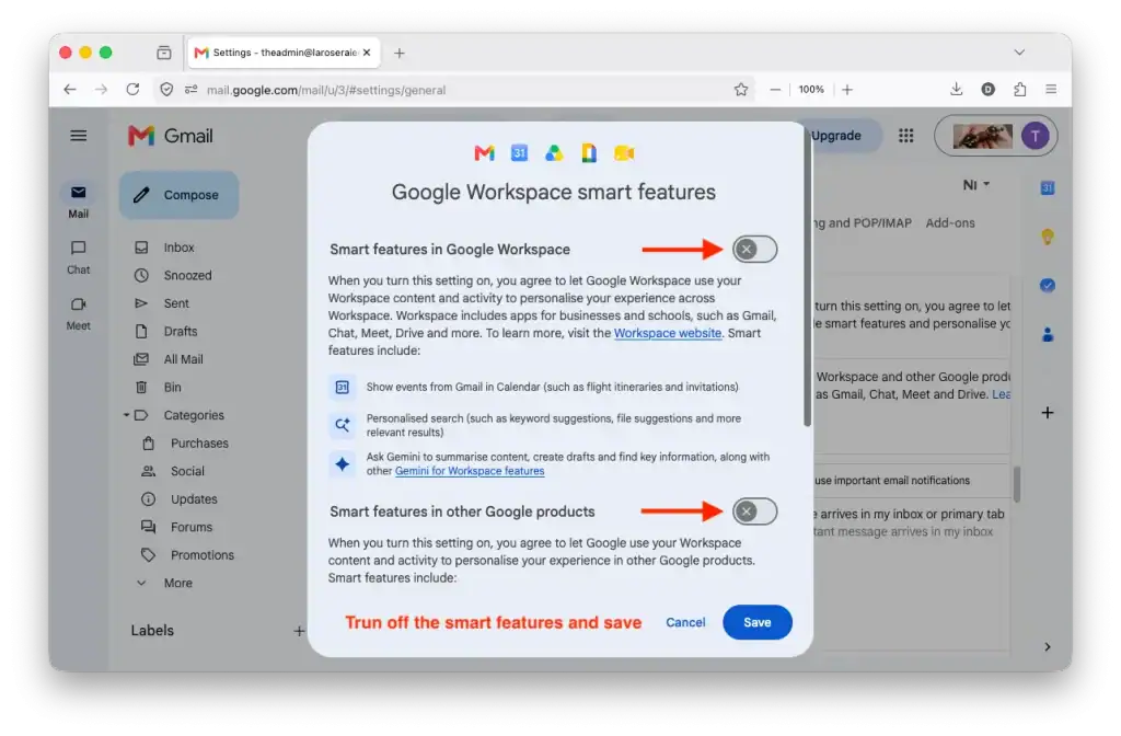 Turn off Google workspace mart features